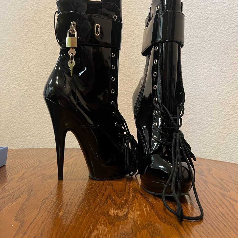 Pleaser Black Patent Platform Lace-Up Stiletto Ankle Boots with Lock Charm